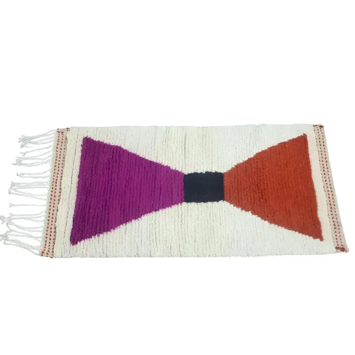 This elegant Classic Bow Moroccan Berber Handwoven Wool Area Rug in pink features a bold geometric design with vibrant purple and orange triangles converging in the center. Perfect as a runner rug, it complements kitchen, hallway, and bathroom spaces, adding a touch of boho style with its intricate wool texture.