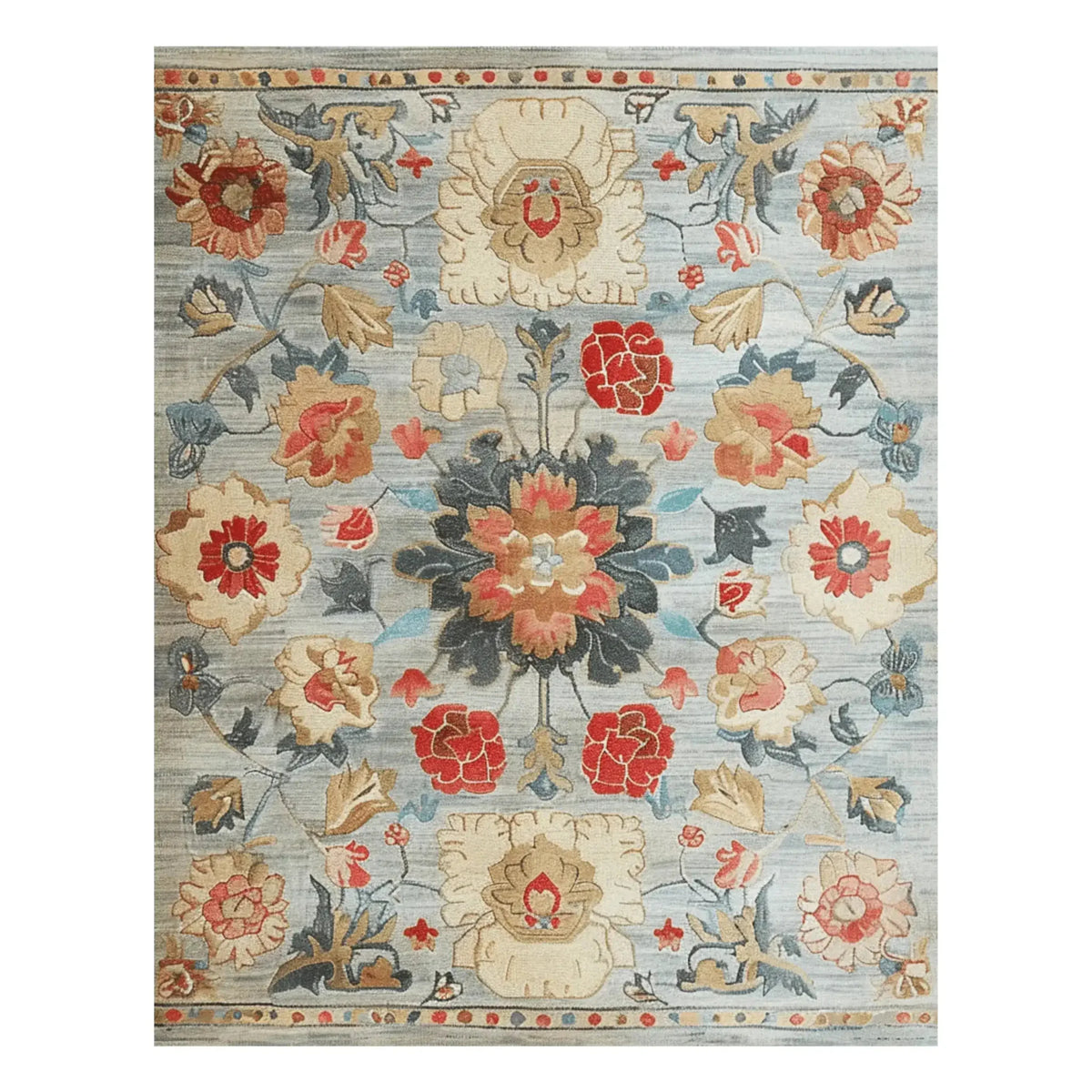 This Classic Charm Hand Tufted Rug features an intricate floral pattern in vibrant red, orange, and blue tones on a soft, elegant background. Ideal for adding a touch of sophistication to your office or dining room, this wool area rug combines style and comfort, making it a perfect choice for office rugs or rugs for office settings.