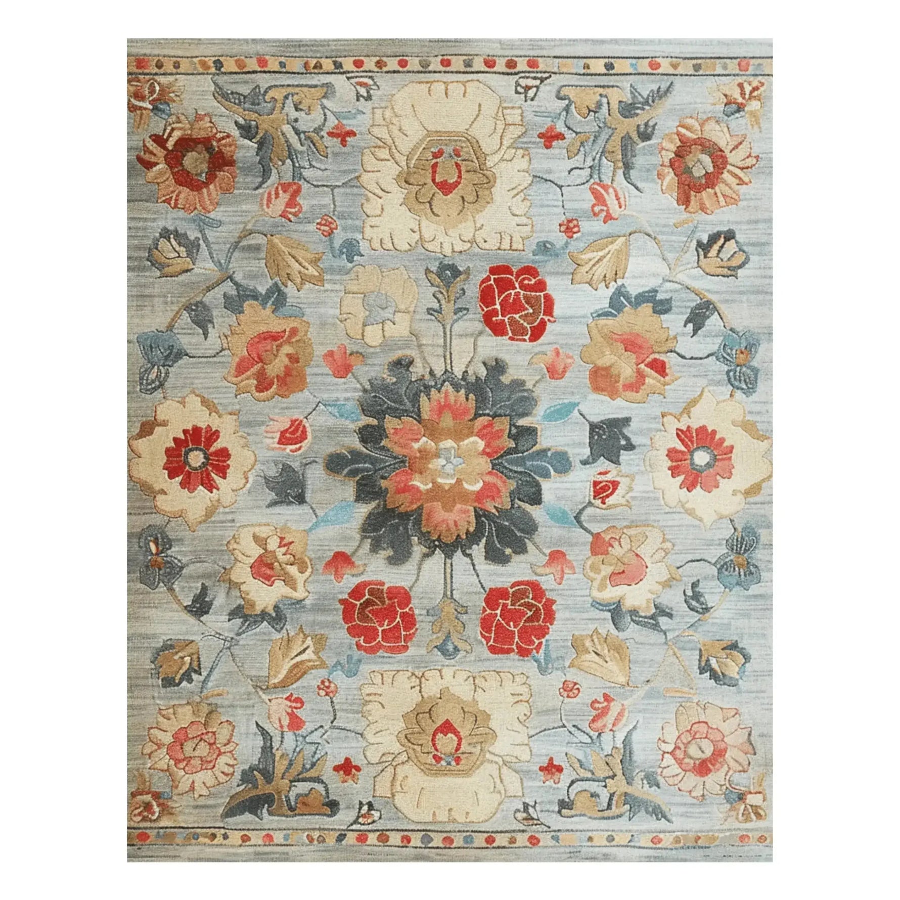 This Classic Charm Hand Tufted Rug features an intricate floral pattern in vibrant red, orange, and blue tones on a soft, elegant background. Ideal for adding a touch of sophistication to your office or dining room, this wool area rug combines style and comfort, making it a perfect choice for office rugs or rugs for office settings.