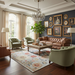 Classic Charm cream rug with rust floral medallion in living room with green chairs