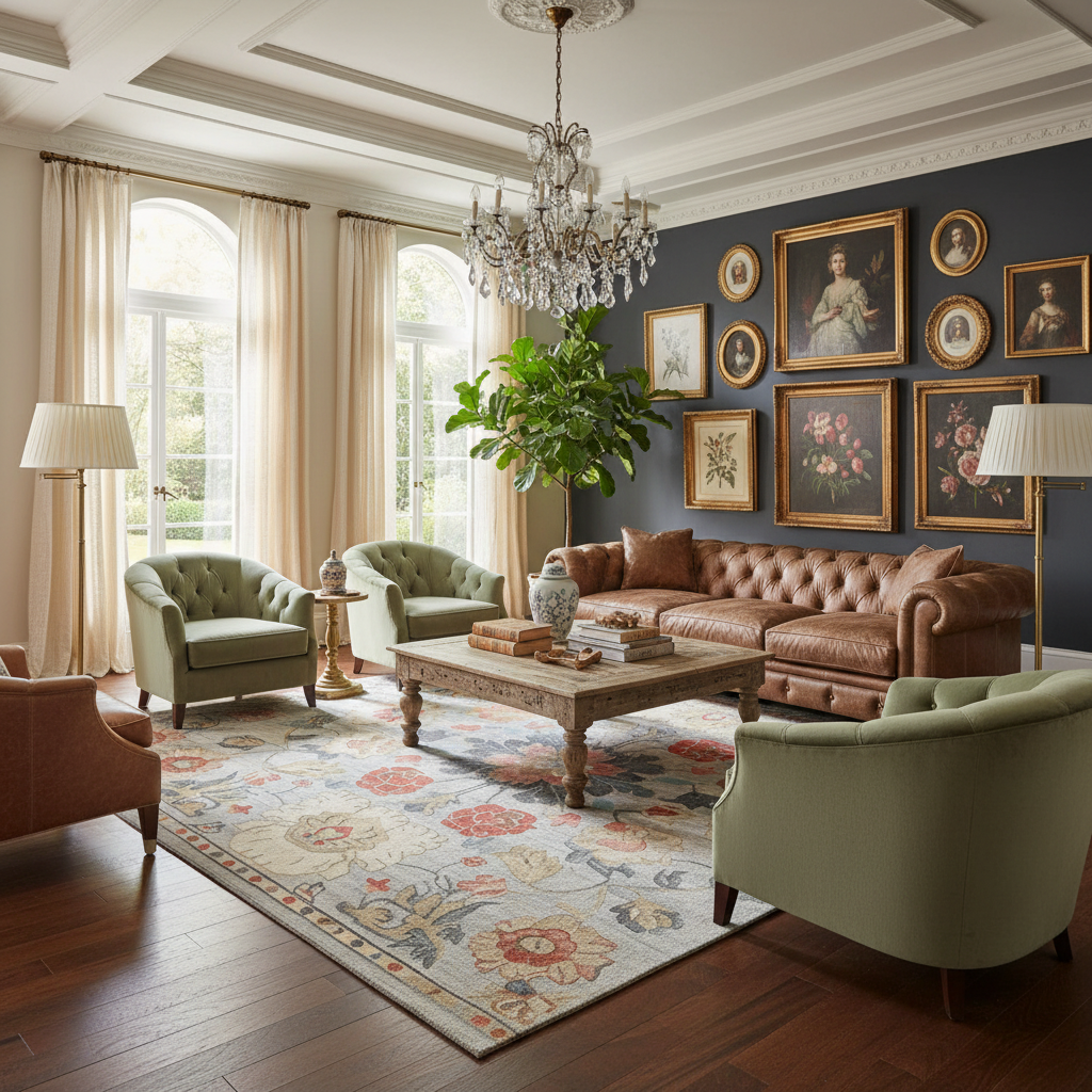 Classic Charm cream rug with rust floral medallion in living room with green chairs