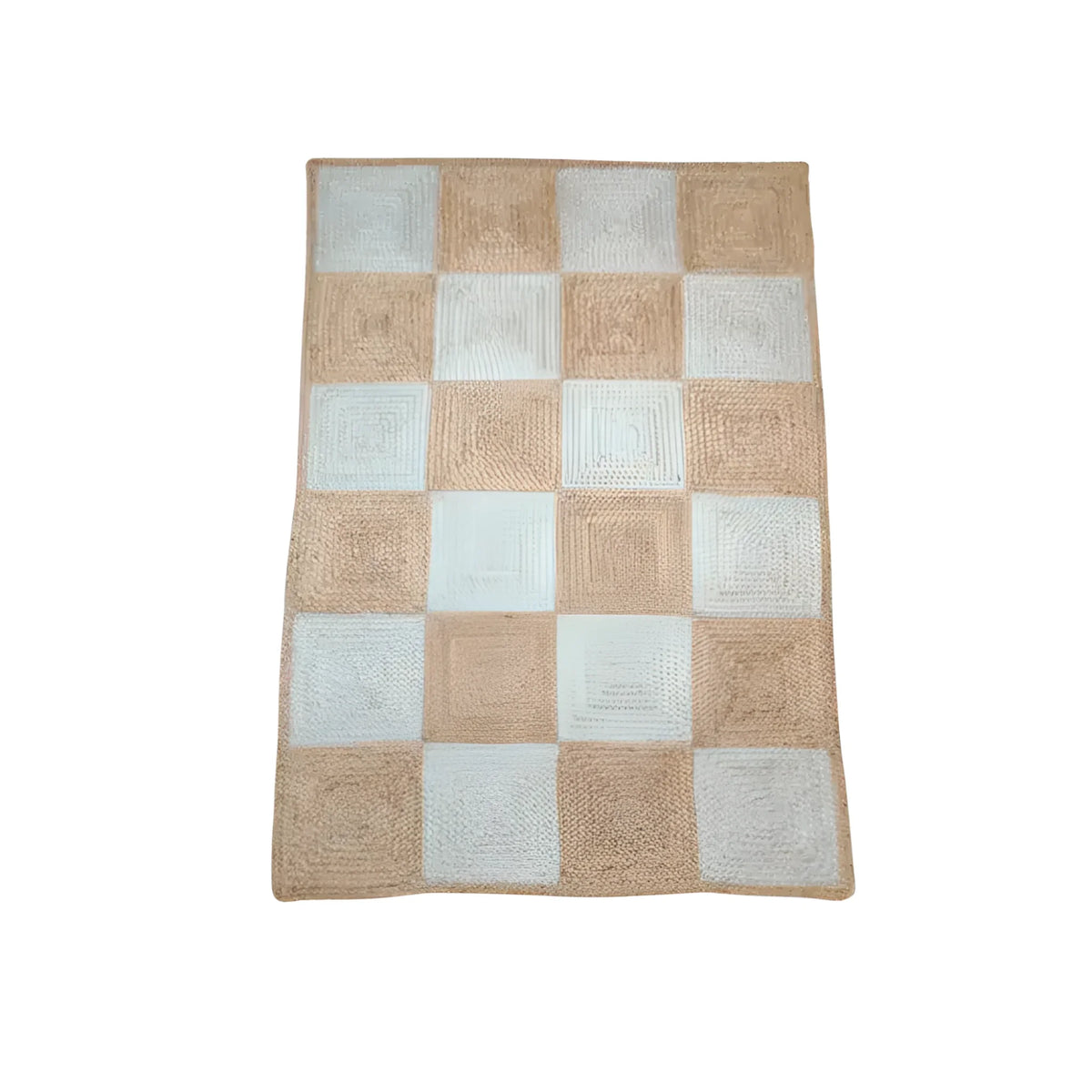 Top view of a Classic Checker Jute Rug in natural color, featuring a checkered pattern perfect for large area rugs. Ideal for adding a touch of elegance to your living room, this 8x10 area rug blends seamlessly with various decor styles. Perfect for those seeking durable jute rugs for their living space.