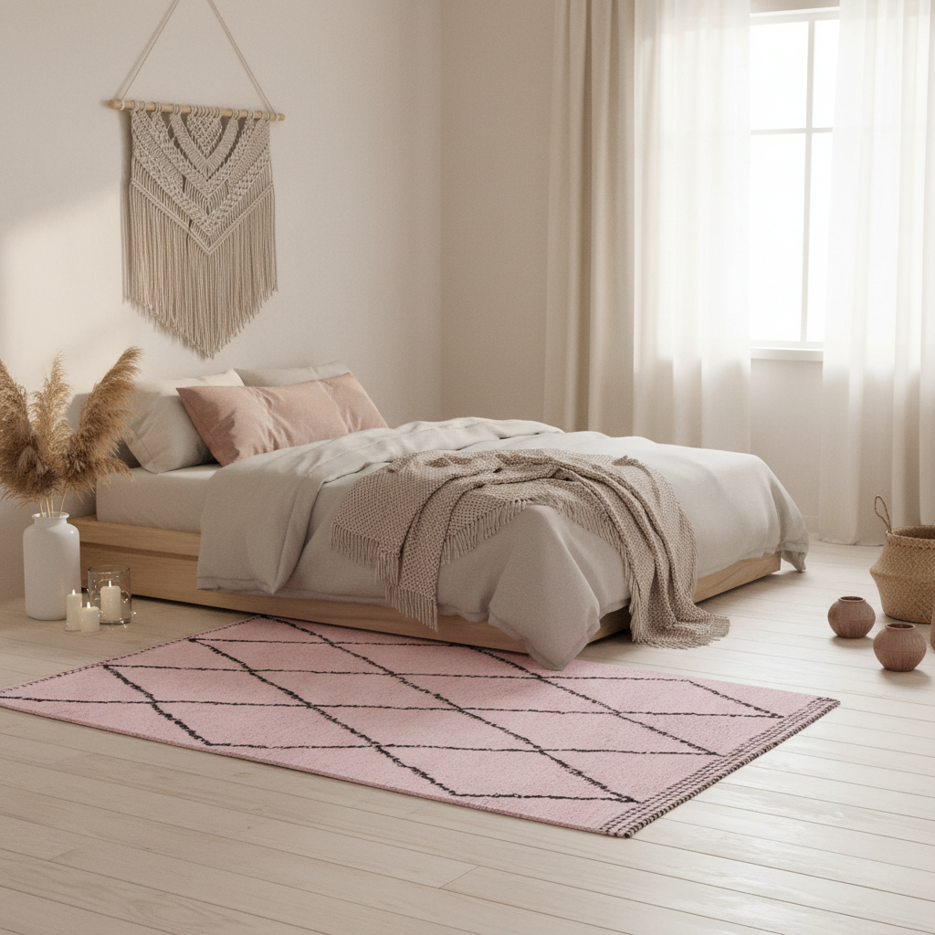 boho bed room minimalist with moroccan rug