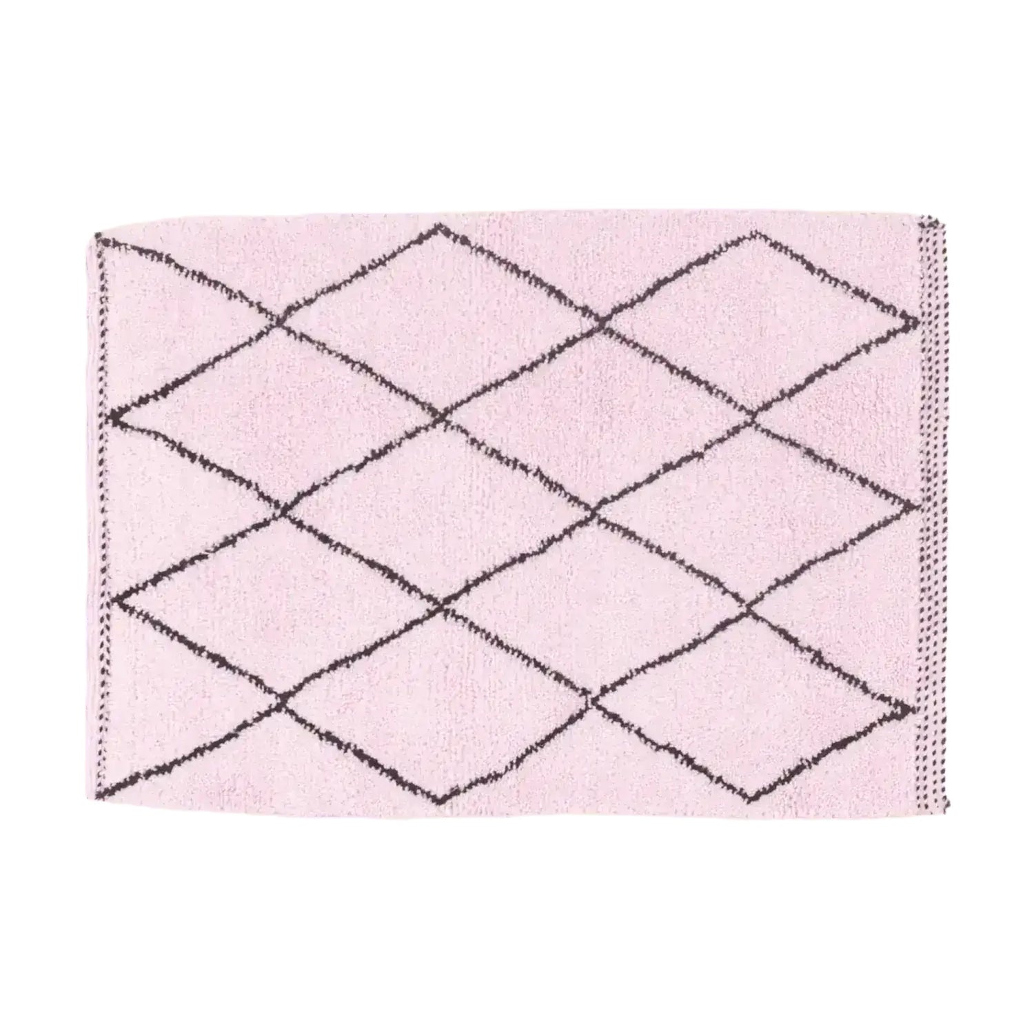 Top view of the Classic Diamond Moroccan Berber Handwoven Wool Area Rug in Blush, showcasing a beautiful diamond pattern. This versatile runner rug is perfect as a wool rug for kitchens, hallways, or bathrooms, adding a touch of boho charm to any space.