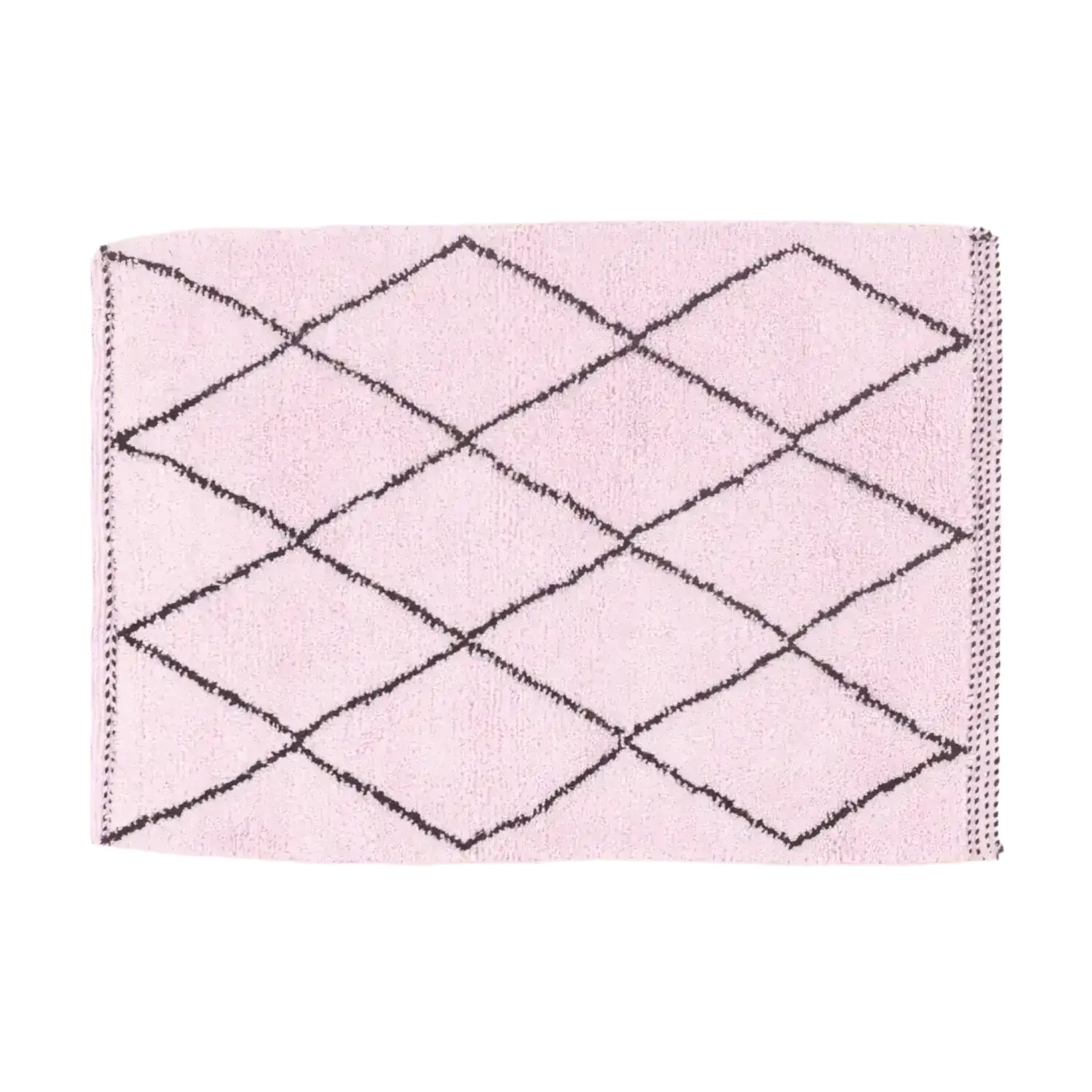 Top view of the Classic Diamond Moroccan Berber Handwoven Wool Area Rug in Blush, showcasing a beautiful diamond pattern. This versatile runner rug is perfect as a wool rug for kitchens, hallways, or bathrooms, adding a touch of boho charm to any space.