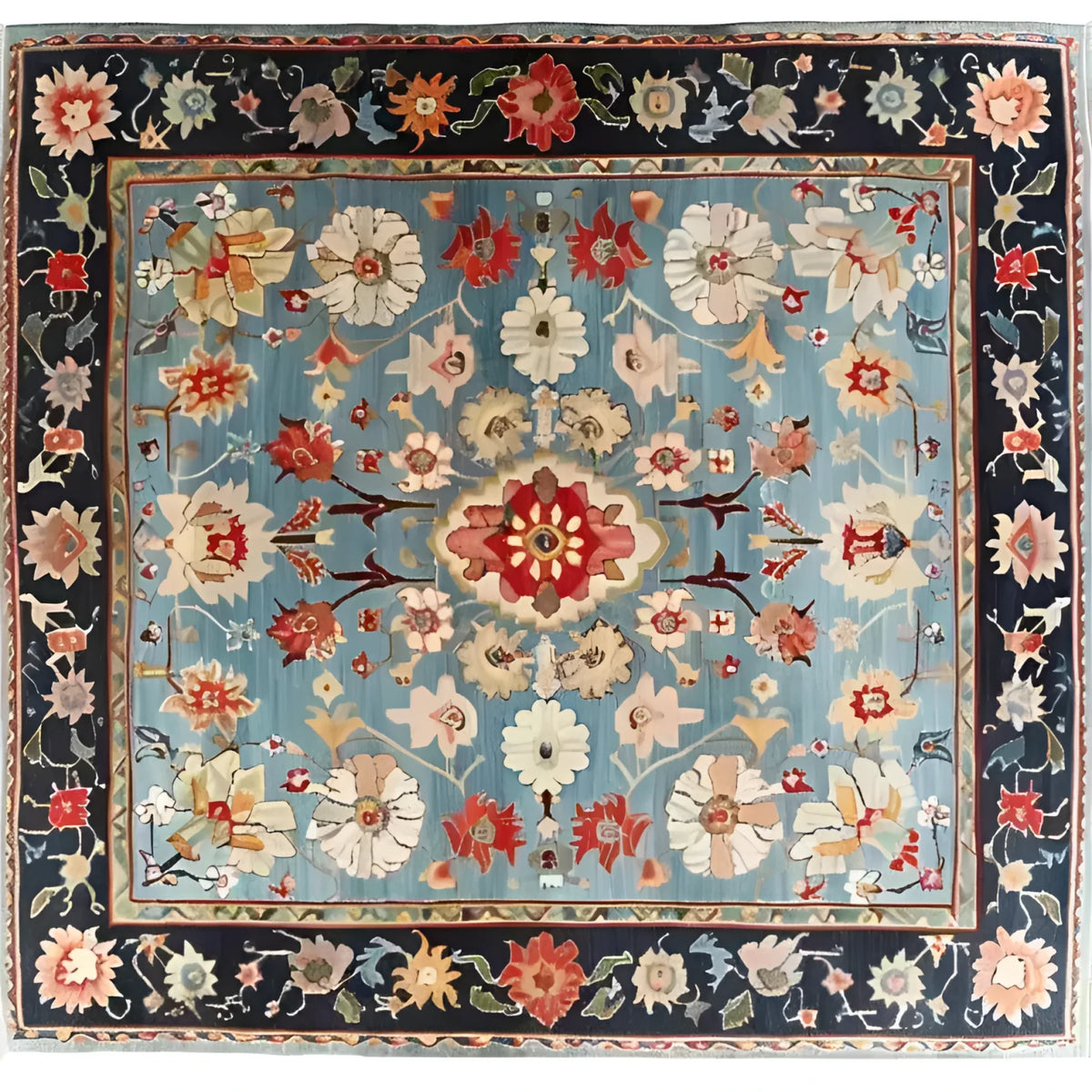 Beautifully detailed Classic Flower Vine Hand Knotted Area Rug, featuring an intricate Persian design with vibrant florals and vines on a soft blue background. Perfect for adding elegance to a dining room or living room, this wool rug embodies timeless charm and luxury.