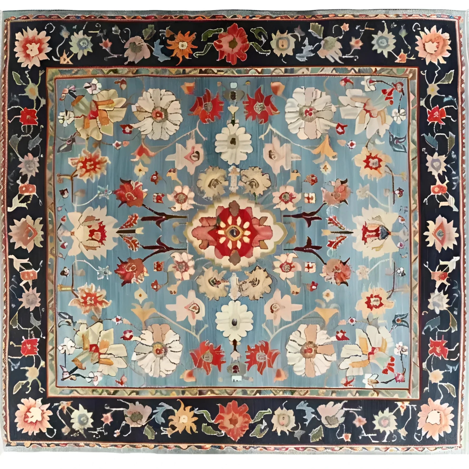 Beautifully detailed Classic Flower Vine Hand Knotted Area Rug, featuring an intricate Persian design with vibrant florals and vines on a soft blue background. Perfect for adding elegance to a dining room or living room, this wool rug embodies timeless charm and luxury.