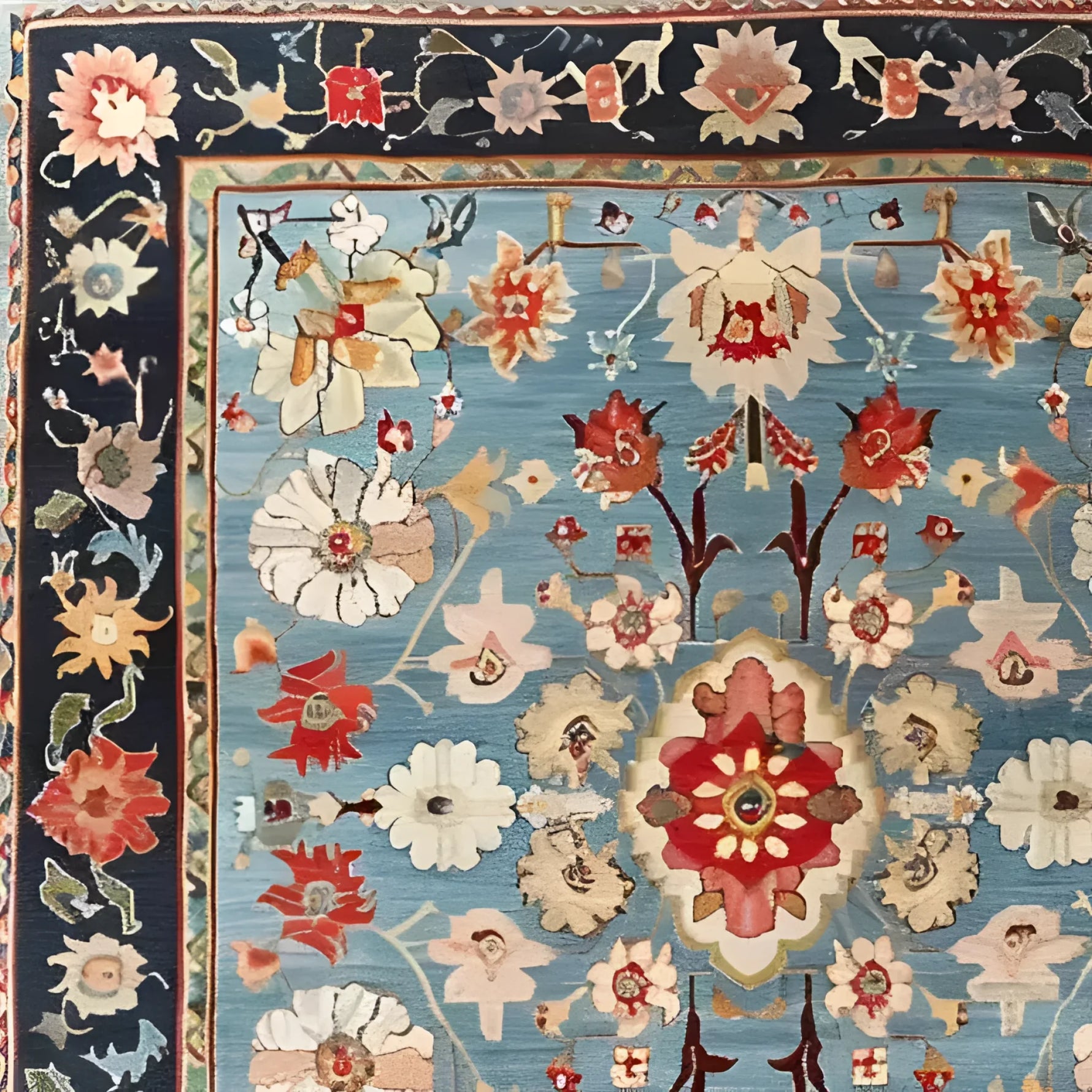 Beautifully detailed Classic Flower Vine Hand Knotted Area Rug, showcasing intricate floral patterns with vibrant colors on a blue background. Ideal for adding a touch of elegance to your dining room or living room. This wool rug embodies the timeless allure of Persian rugs, perfect as a dining room area rug.