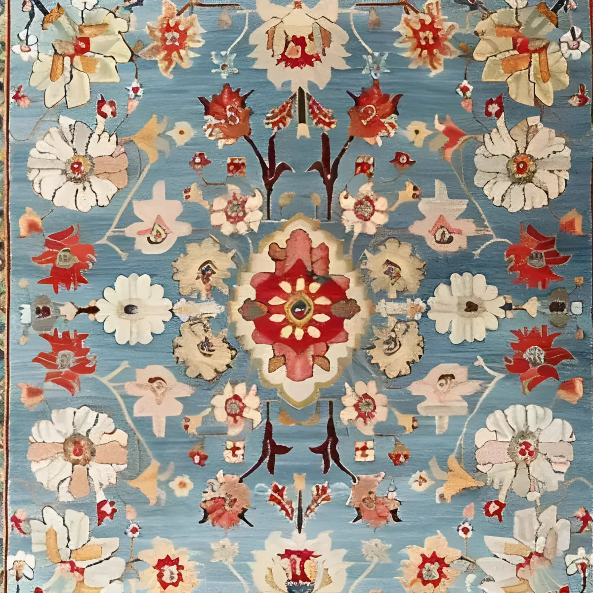Vibrant hand-knotted area rug featuring a classic flower vine design on a soft blue background. This Persian-style wool rug, perfect for adding elegance to your dining room or living room, showcases intricate floral patterns in warm hues of red, cream, and orange.