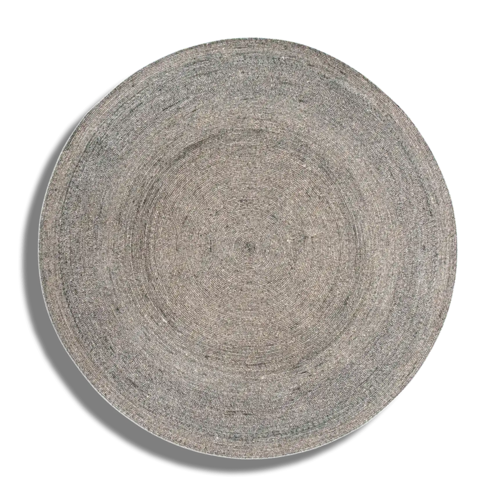 Top view of a classic gray round jute rug, perfect as an area rug for living rooms or dining rooms. Its neutral tone complements various decor styles, making it an ideal choice for those seeking a natural fiber rug.