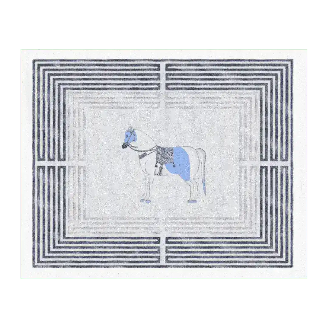 Elegant Classic Horse Silver Maze Hand Tufted Area Rug, perfect for enhancing the decor of offices, living rooms, and dining rooms. The rug features a central horse motif with a sophisticated maze pattern in silver, crafted from high-quality wool for a luxurious touch.