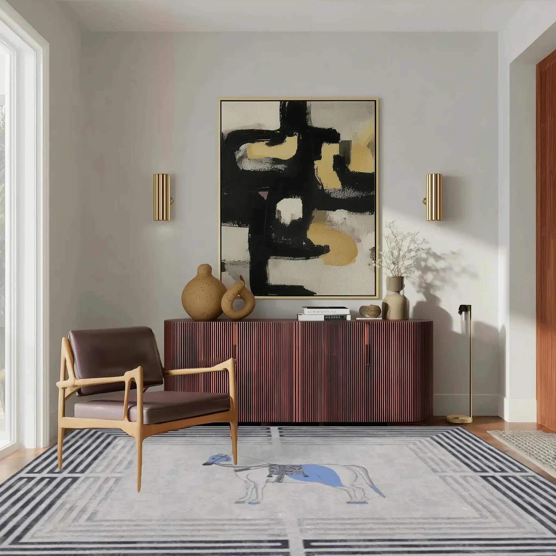 A stylish office setting featuring the Classic Horse Silver Maze hand-tufted area rug. The wool rug is elegantly placed in a room with a modern armchair, a sleek sideboard, and contemporary artwork, perfect for living room and dining room settings.
