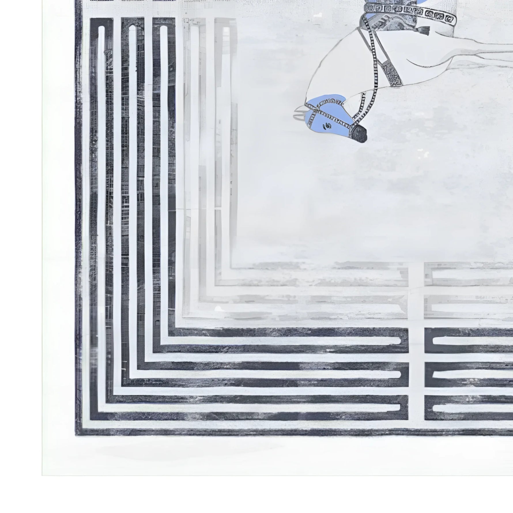 Close-up view of the Classic Horse Silver Maze Hand Tufted Area Rug, showcasing its intricate geometric patterns and elegant horse design. Perfect for enhancing the aesthetics of office spaces, living rooms, and dining rooms, this wool rug offers both style and comfort.