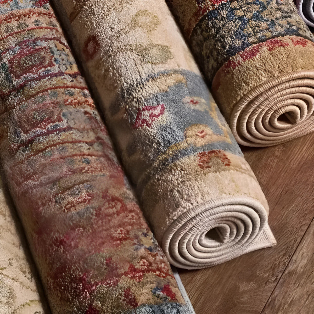 A close-up view of rolled Classic Maia Traditional Printed Area Rugs, showcasing intricate patterns in warm tones. Ideal for adding a touch of elegance to living rooms or offices, these area rugs blend traditional design with modern style.