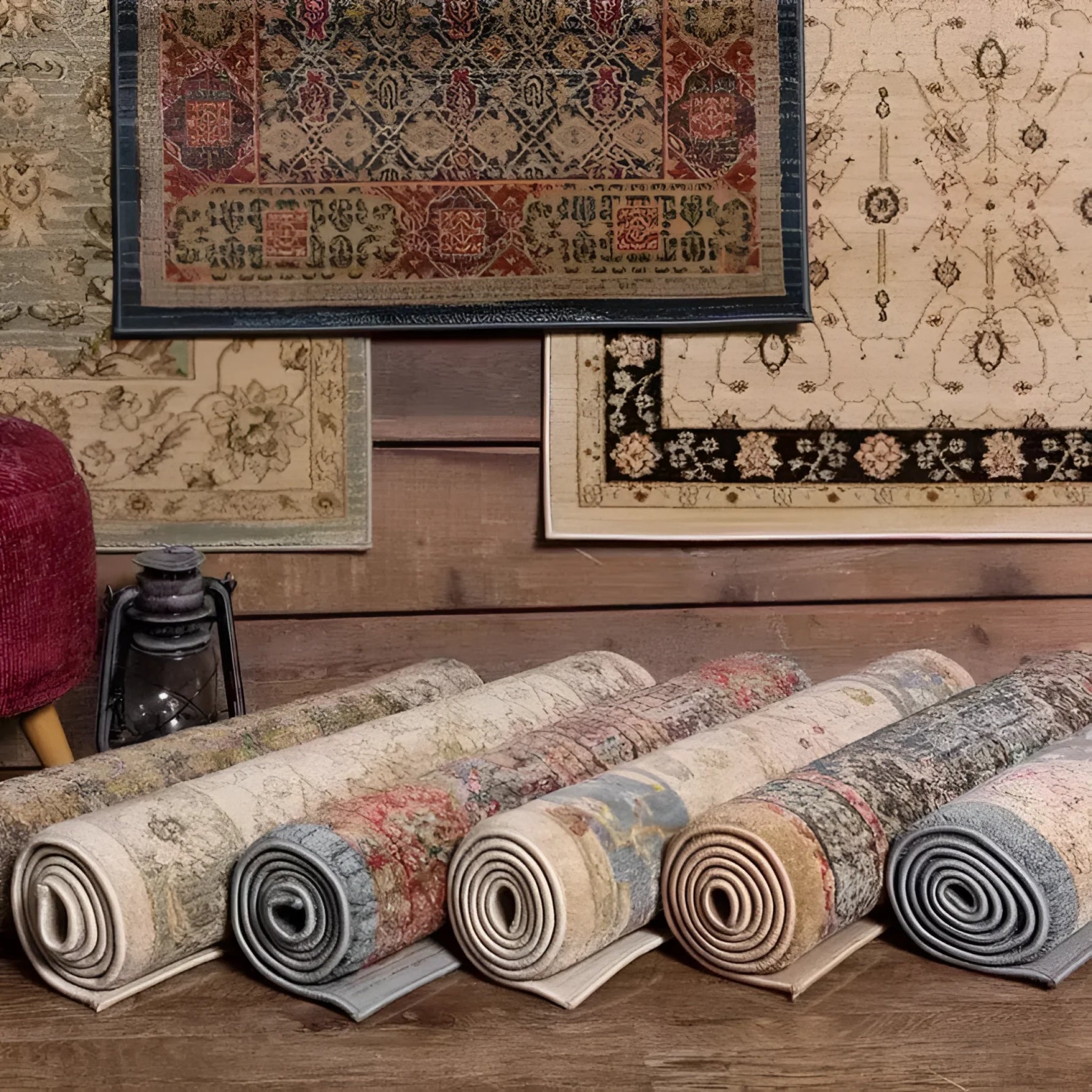 A collection of Classic Maia Traditional Printed Area Rugs displayed in a cozy setting, showcasing intricate patterns and rich colors ideal for enhancing any living room or office space. The rolled and hanging rugs highlight the variety suitable for living room area rugs and office rugs.