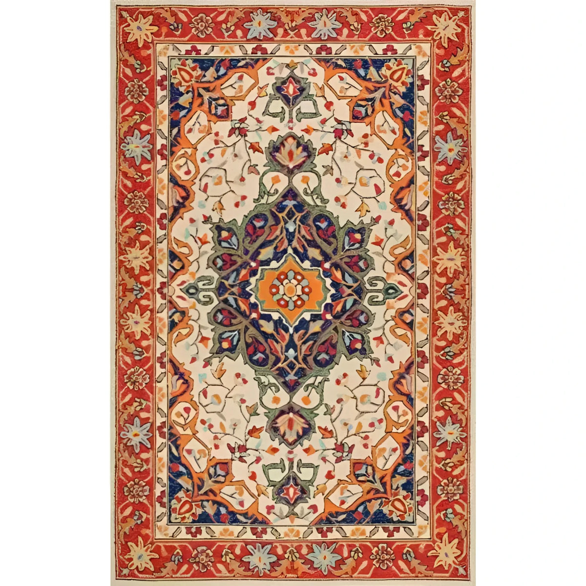 Classic Maia Traditional Printed Area Rug featuring an intricate floral pattern with vibrant colors, perfect for adding elegance to your living room or office space.