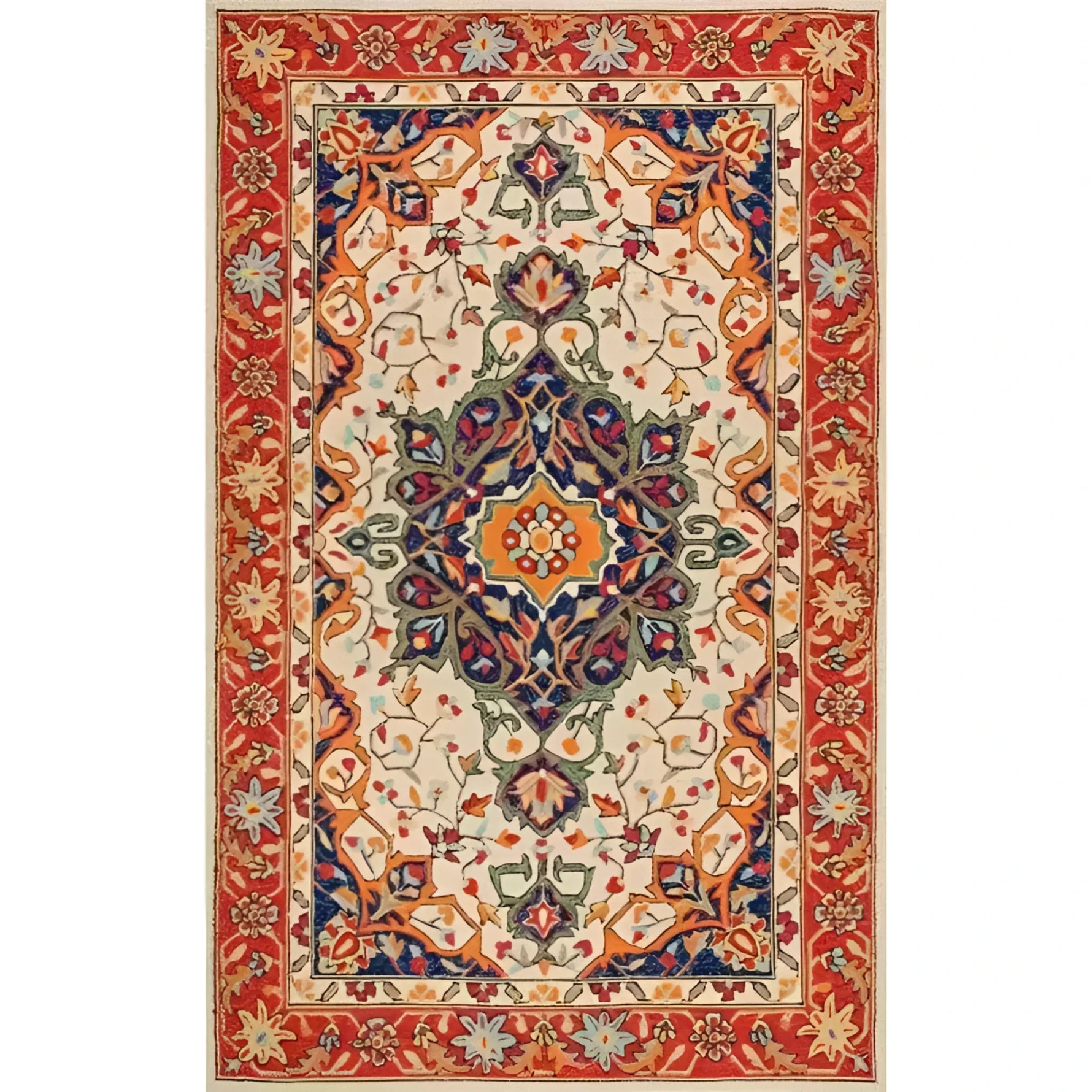 Classic Maia Traditional Printed Area Rug featuring an intricate floral pattern with vibrant colors, perfect for adding elegance to your living room or office space.