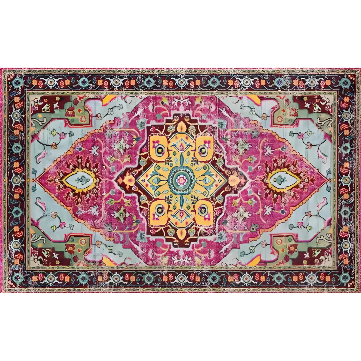 A vibrant Classic Maia Traditional Printed Area Rug featuring an intricate design with rich colors including pink, yellow, and blue. Ideal for adding elegance to living room area rugs or office rugs, this rug showcases a stunning blend of traditional motifs and modern flair, perfect for any decor.