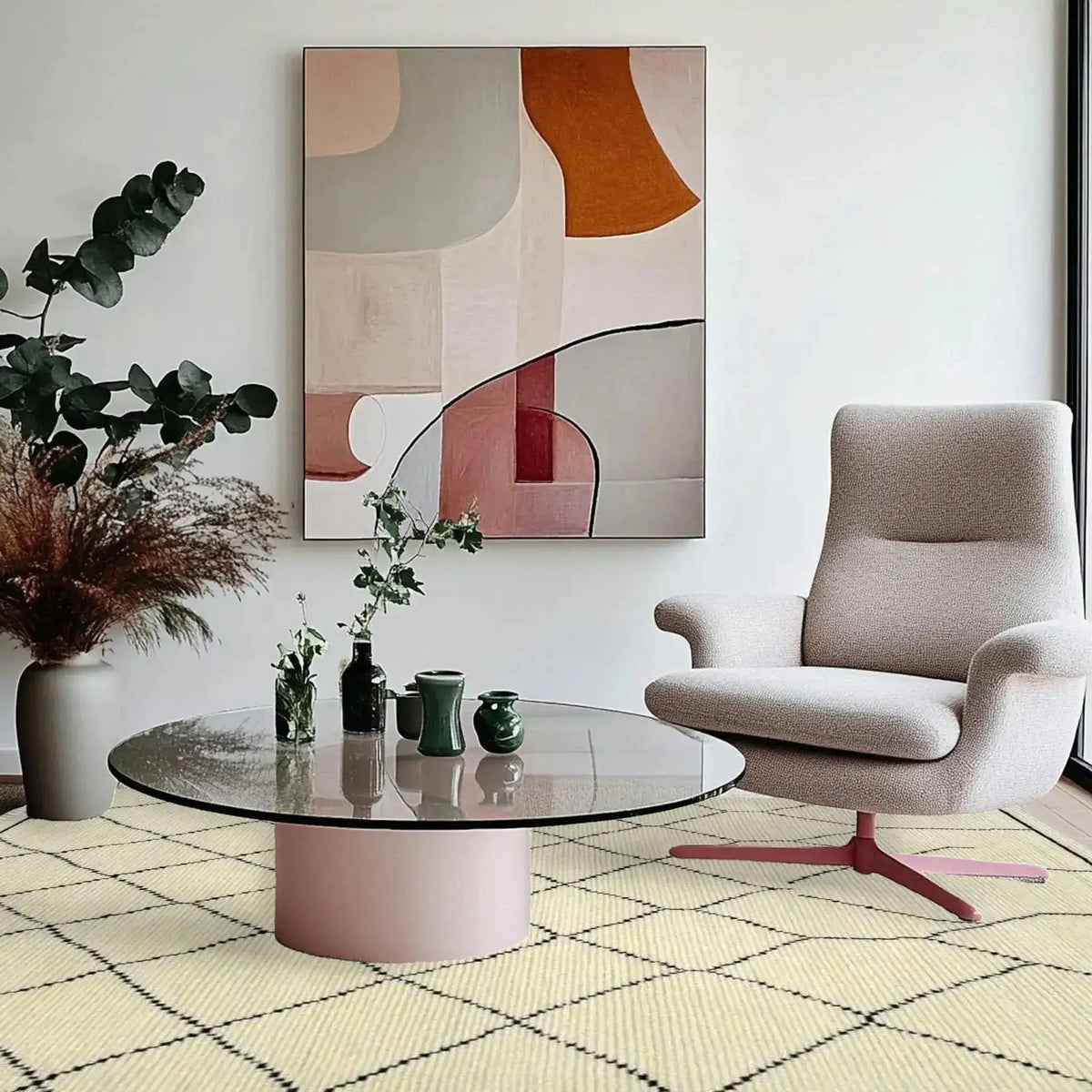 A stylish living room featuring a Classic Moroccan Hand Spun Wool Hand Knotted Area Rug. The rug, perfect for living room area rugs and living room rugs 8x10, showcases a delicate geometric pattern. It complements a modern armchair and a glass coffee table with decorative vases, adding warmth and elegance to the space.
