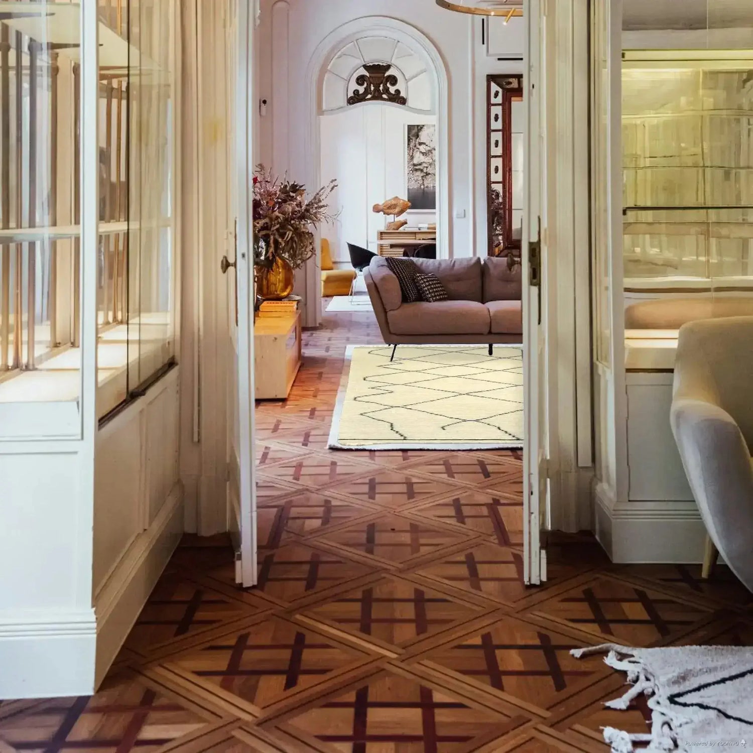 A beautifully styled living room featuring a Classic Moroccan Hand Spun Wool Hand Knotted Area Rug. The rug, perfect for living room area rugs, is showcased in an elegant setting with a cozy sofa and tasteful decor, ideal for an 8x10 living room rug.