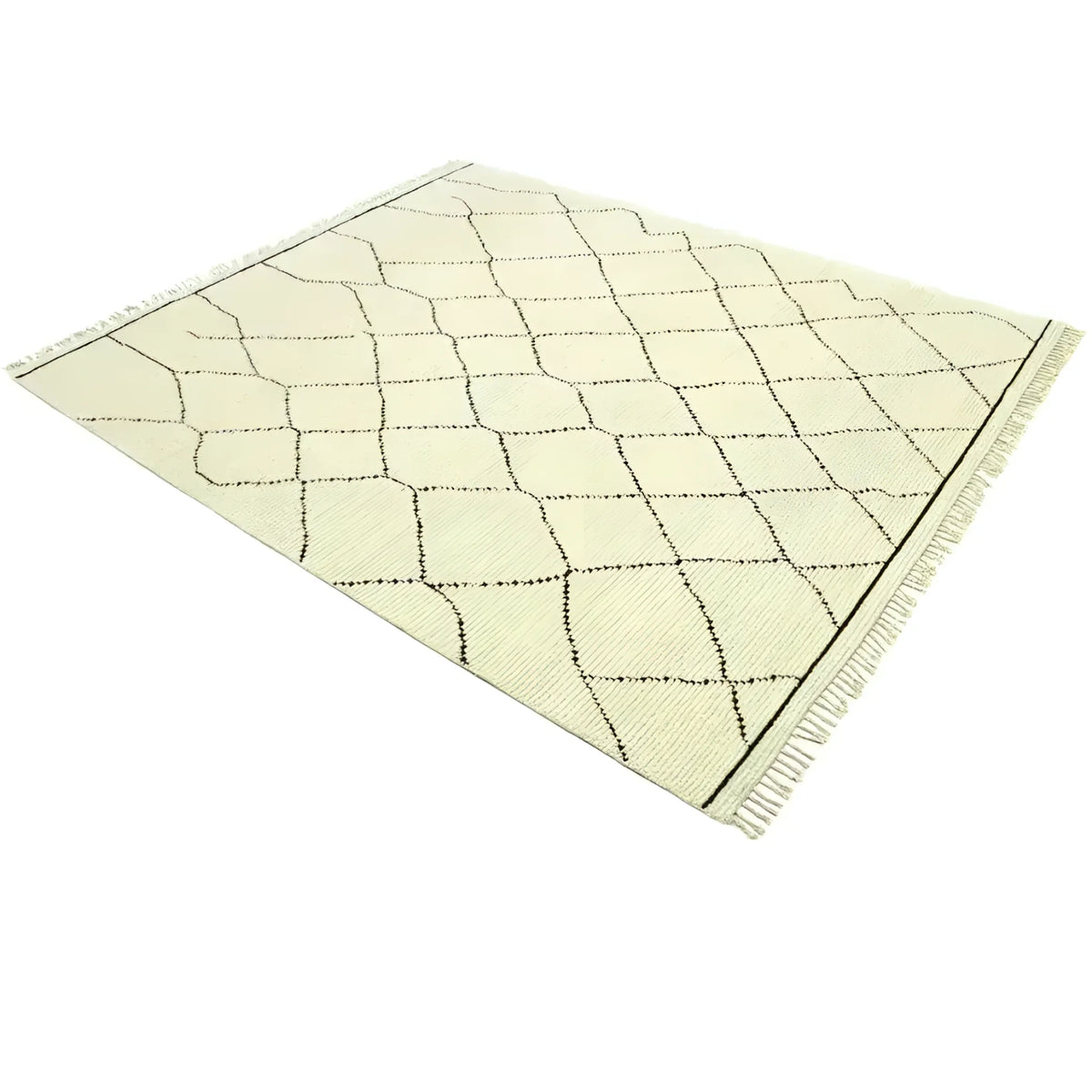 A Classic Moroccan Hand Spun Wool Hand Knotted Area Rug featuring a simple yet elegant geometric pattern in black on a cream background, perfect for enhancing the decor of living room area rugs. This 8x10 living room rug brings a touch of tradition and style, ideal for any contemporary or classic home setting.