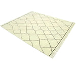 A Classic Moroccan Hand Spun Wool Hand Knotted Area Rug featuring a simple yet elegant geometric pattern in black on a cream background, perfect for enhancing the decor of living room area rugs. This 8x10 living room rug brings a touch of tradition and style, ideal for any contemporary or classic home setting.