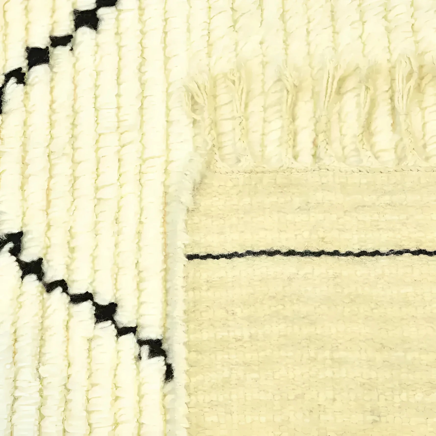 Close-up of a Classic Moroccan Hand Spun Wool Hand Knotted Area Rug, showcasing intricate black and ivory patterns ideal for living room area rugs. The detailed texture highlights the craftsmanship of this 8x10 living room rug.