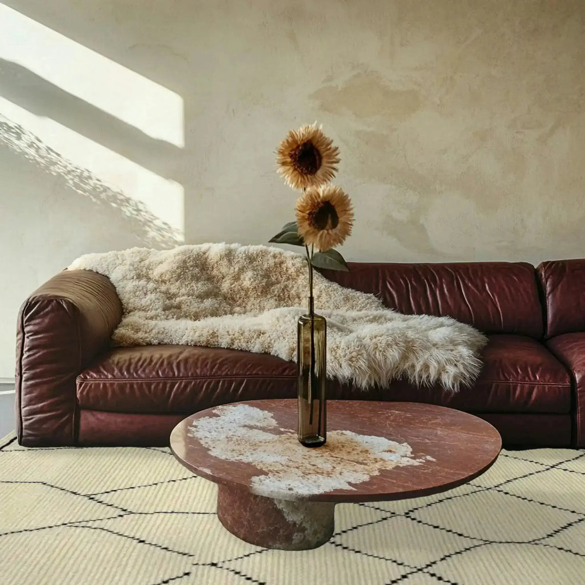 A stylish living room featuring a Classic Moroccan Hand Spun Wool Hand Knotted Area Rug, perfect for adding warmth and elegance. This 8x10 living room area rug complements the cozy leather sofa and round coffee table, creating an inviting atmosphere.