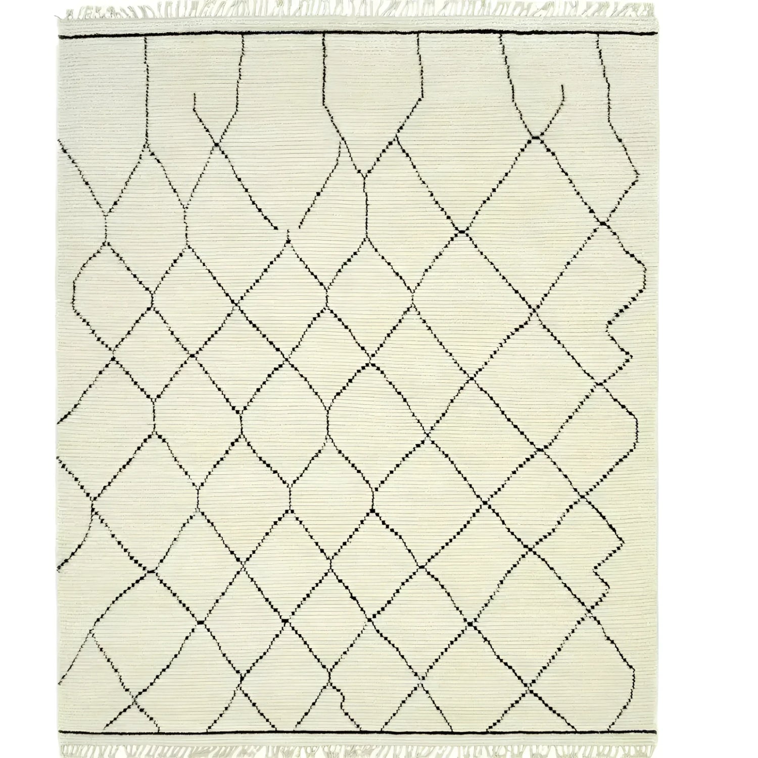 Top view of a Classic Moroccan Hand Spun Wool Hand Knotted Area Rug featuring a minimalist design with black geometric lines on a creamy white background.