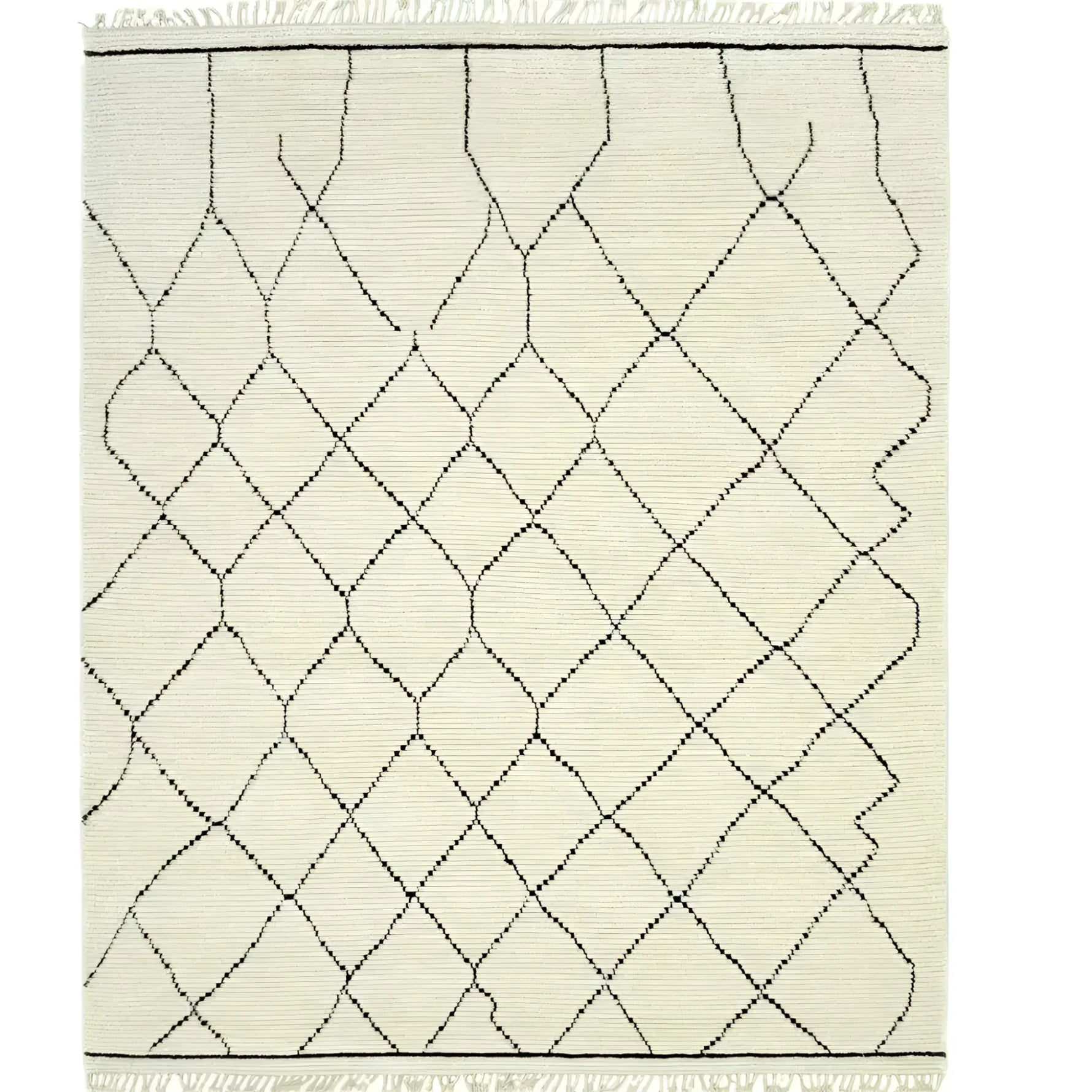 Top view of a Classic Moroccan Hand Spun Wool Hand Knotted Area Rug featuring a minimalist design with black geometric lines on a creamy white background.
