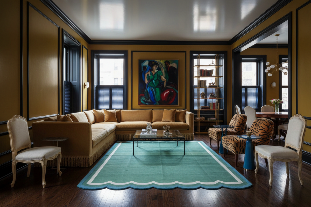 Luxurious living room with a green rug, beige sofa, and decorative elements.