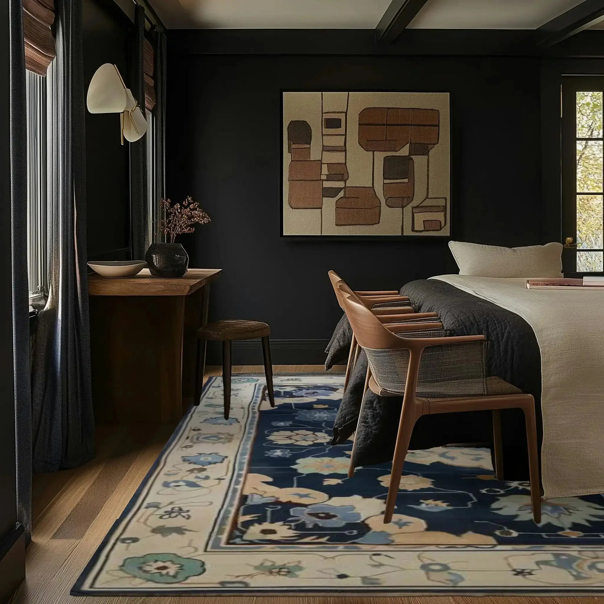 Elegant office space featuring a classic hand-tufted area rug in wool with Persian-inspired patterns. The 8x10 living room rug complements the modern decor with its intricate design and soft texture, adding warmth and style to the dark-toned room.