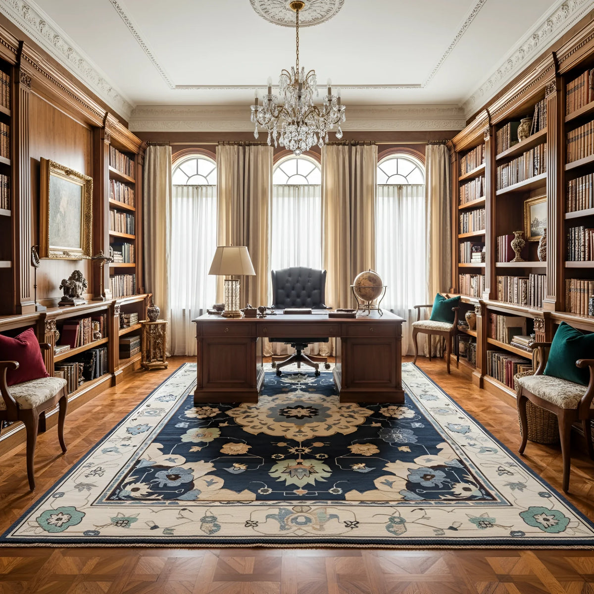 Grand office with wooden desk, a traditional hand-tufted wool rug, bookshelves, and chandelier