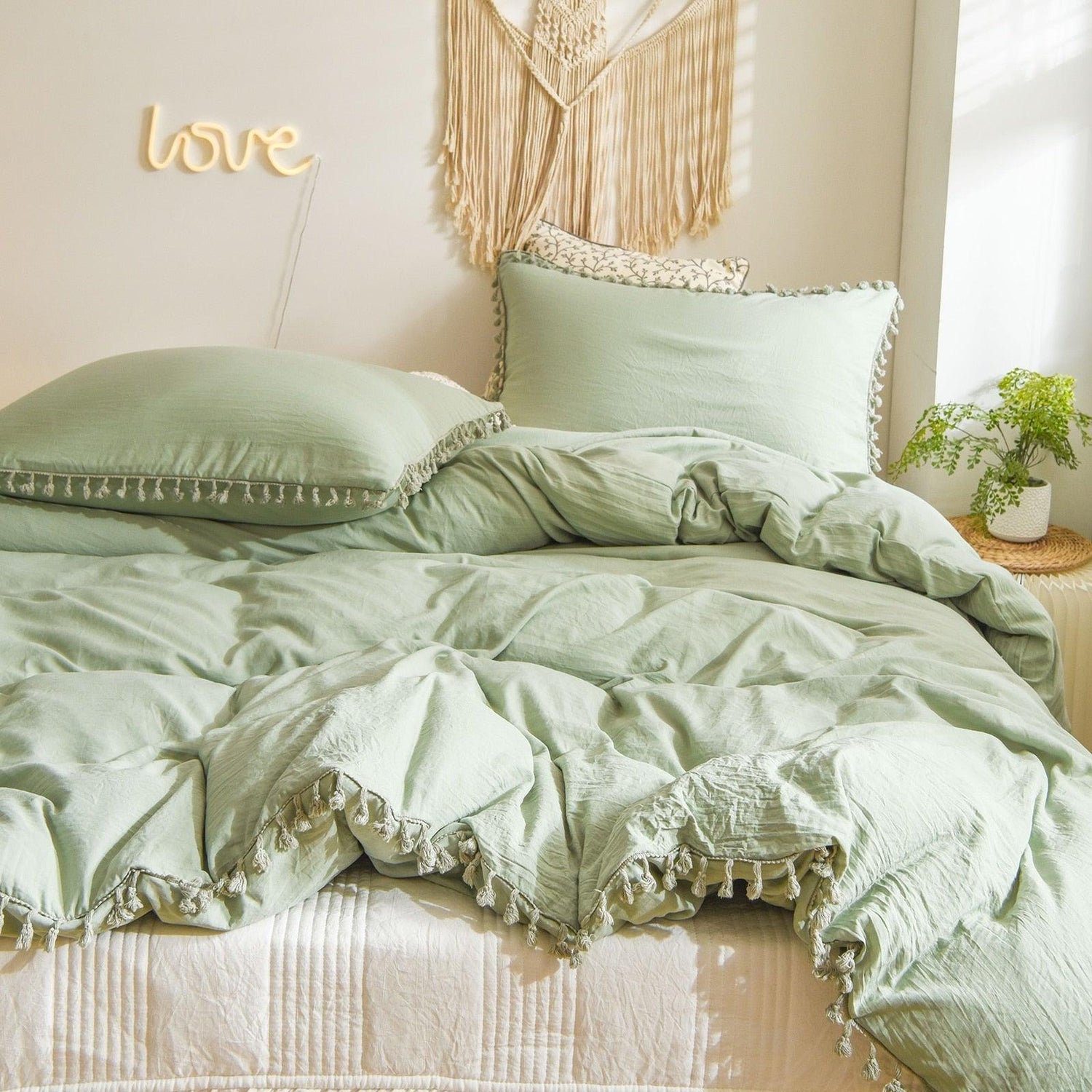 Classic Tassel Microfiber Duvet Cover Set - Sage Green