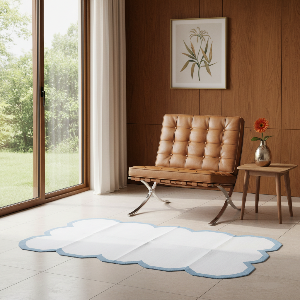 Classic White Scallop Cotton Rug with Blue Border