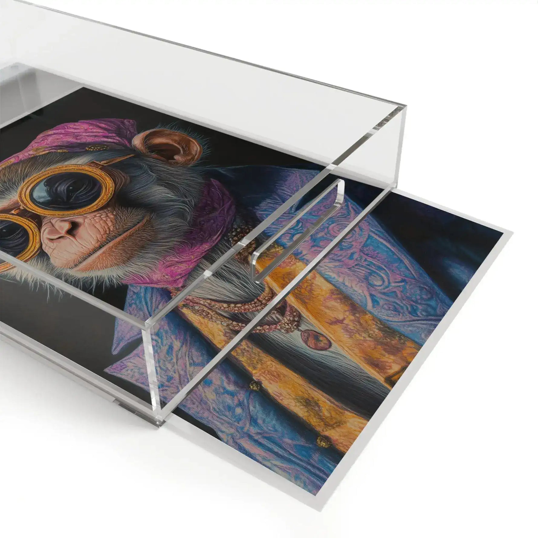 clear acrylic serving tray angled side view showing frame edge and depth with monkey artwork