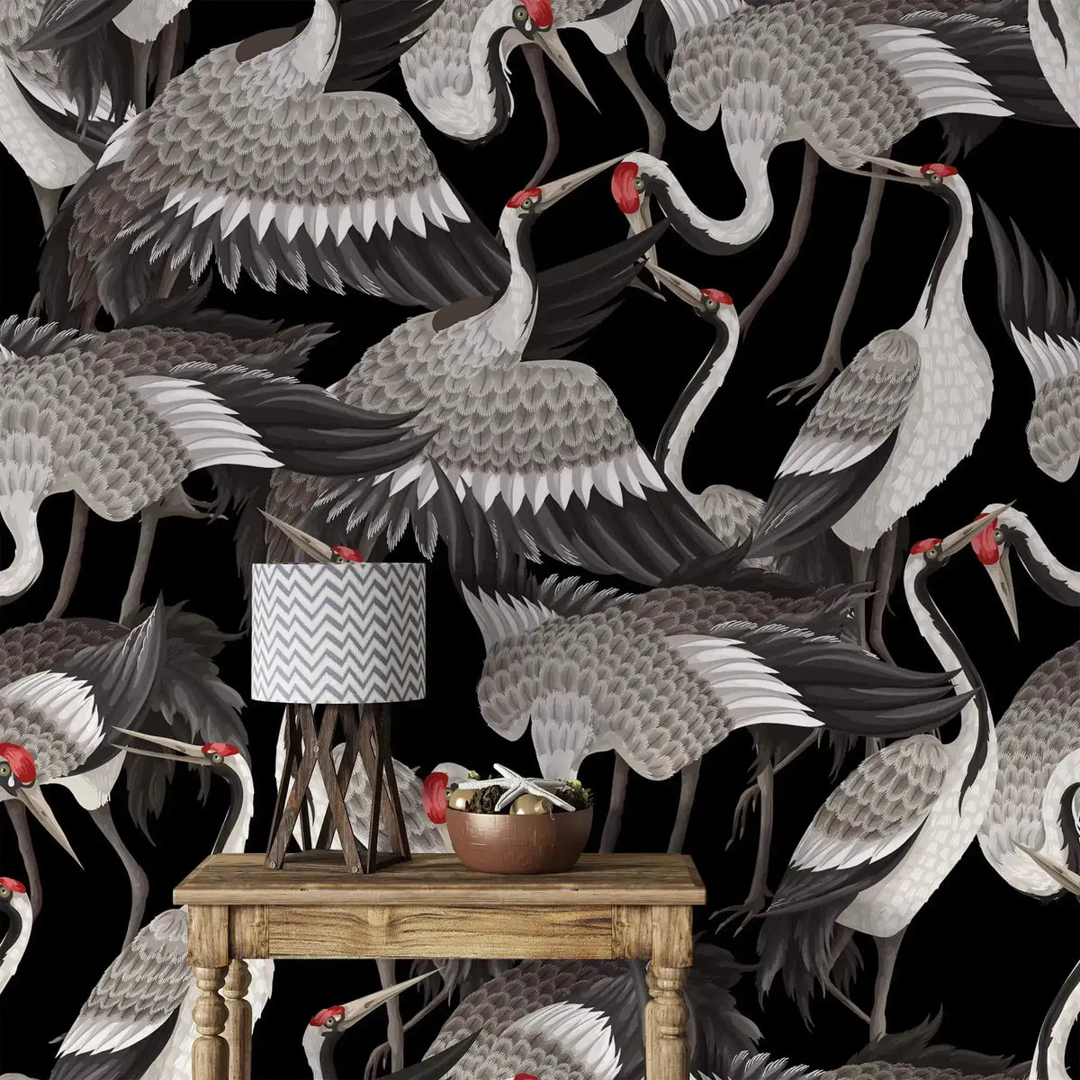 Close-up of Graceful Crane Haven Wallpaper, detailed grey cranes with red crowns on black