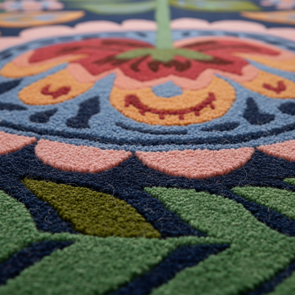 Close-up of Mexican Fiesta rug pile, navy ground with coral, orange and red floral medallion