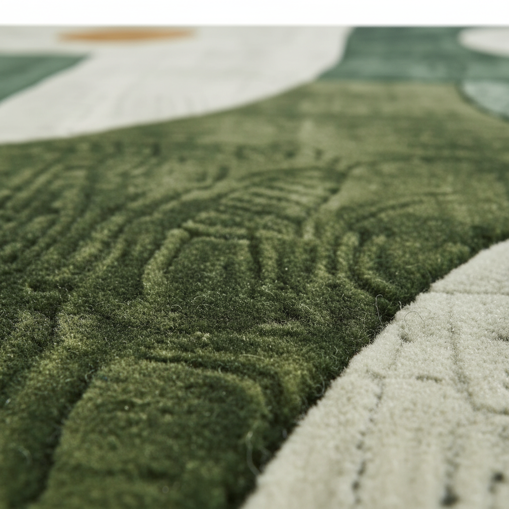 Close-up of the Monochrome Chic Hand Tufted Rug pile showing carved green and cream texture