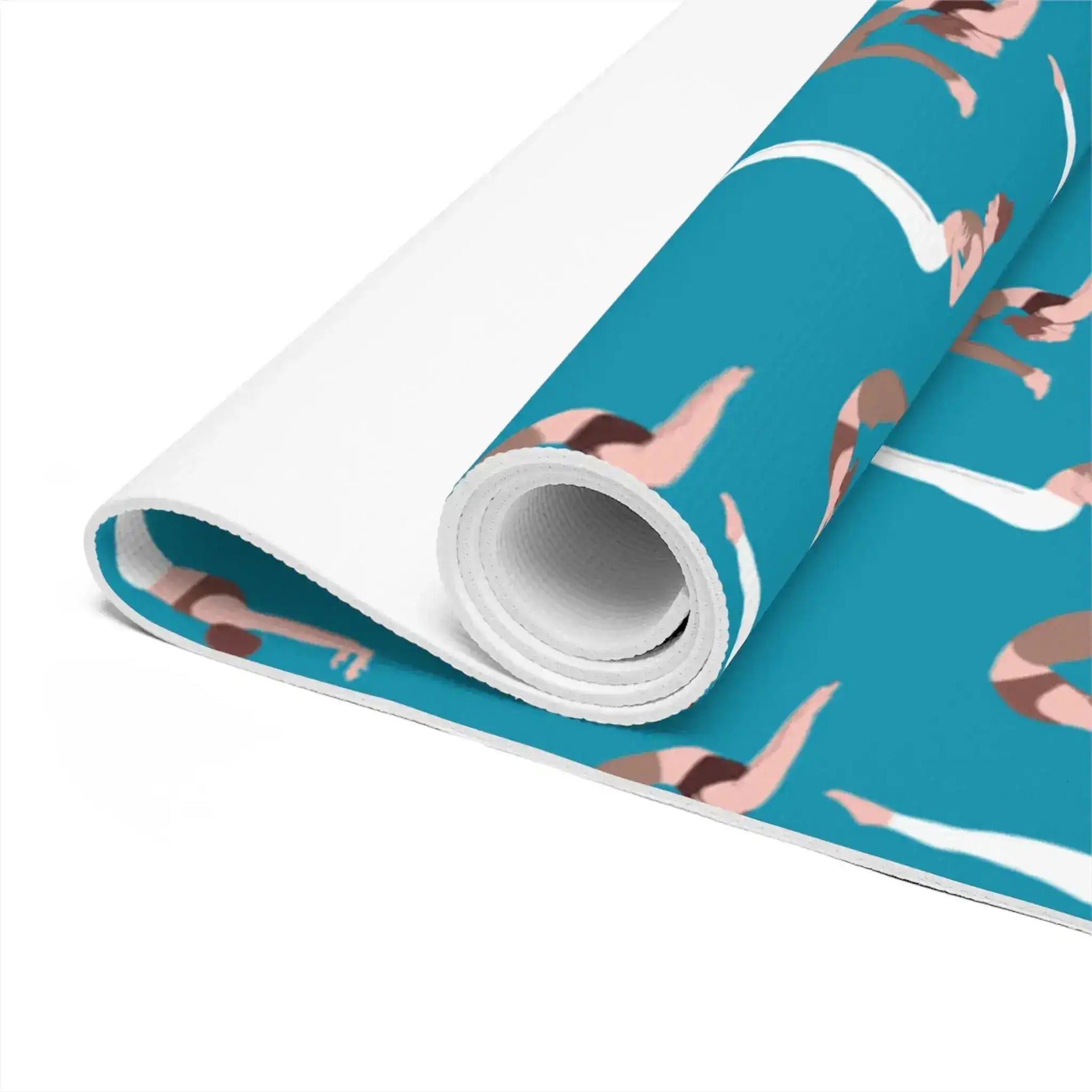 Close-up of the rolled yoga mat end, spiral foam and white underside