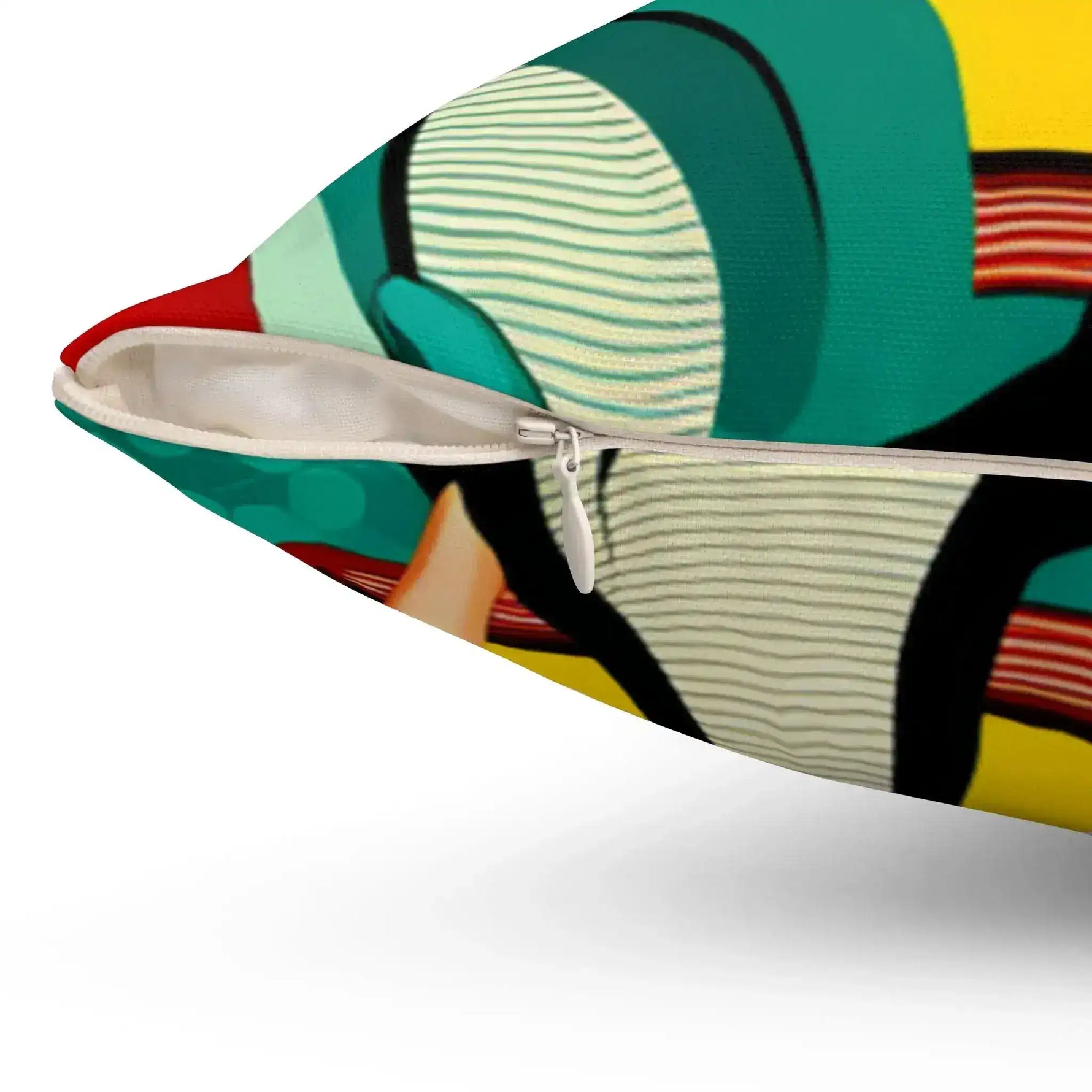 Close-up view of a stylish throw pillow featuring a vibrant design, showcasing a zipper detail for easy maintenance and a pop of color for home decor.