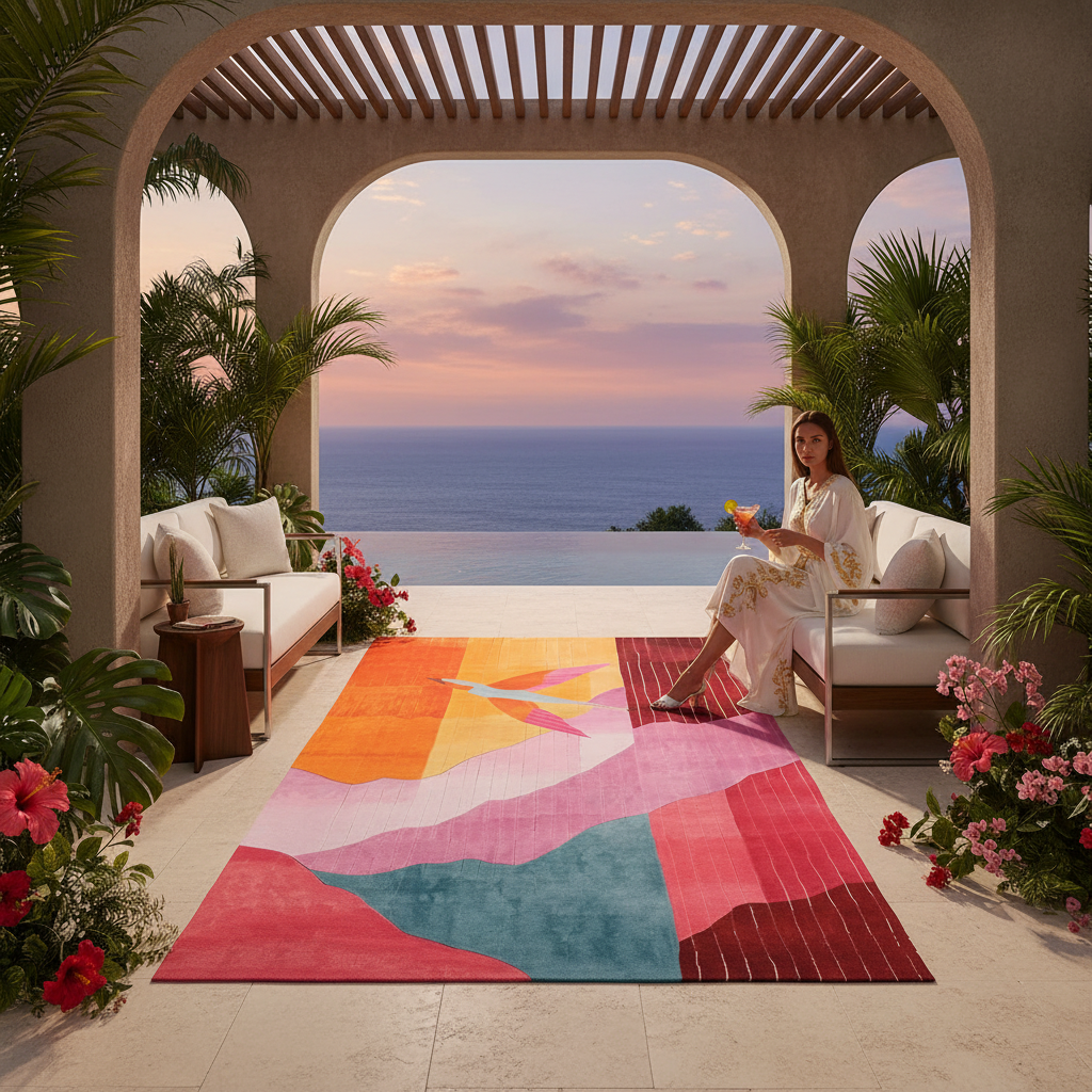 Woman sitting on a patio with a colorful rug, ocean view, and sunset.