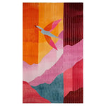 Vibrant area rug featuring an abstract design with a colorful bird soaring over a landscape of bold, geometric shapes in shades of orange, pink, and blue. This hand-tufted wool rug adds a touch of artful elegance to any room.