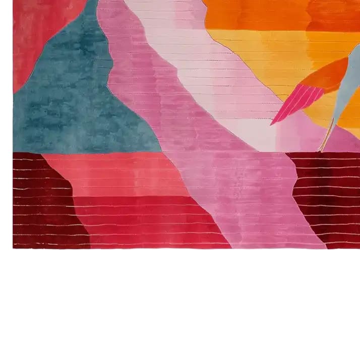 Vibrant and colorful area rug featuring an abstract design with bold stripes and geometric shapes in shades of red, blue, pink, and orange. This hand-tufted wool rug adds a touch of artistic flair to any room.