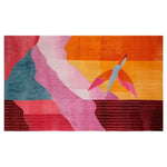 A vibrant and colorful hand-tufted wool area rug with an abstract design featuring flowing shapes in pink, orange, red, and blue, accented by a stylized bird motif. This artistic rug adds a bold statement to any room.