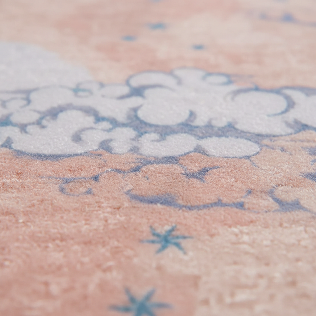 Close-up of a textured rug with cloud and star patterns on a pink background