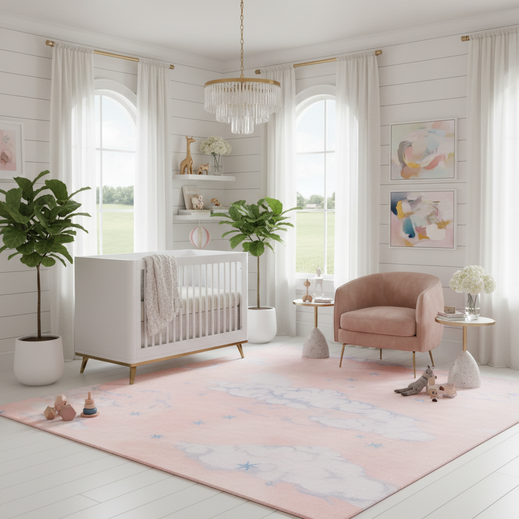 Clouds and Star Pink Sky Hand Tufted Wool Rug