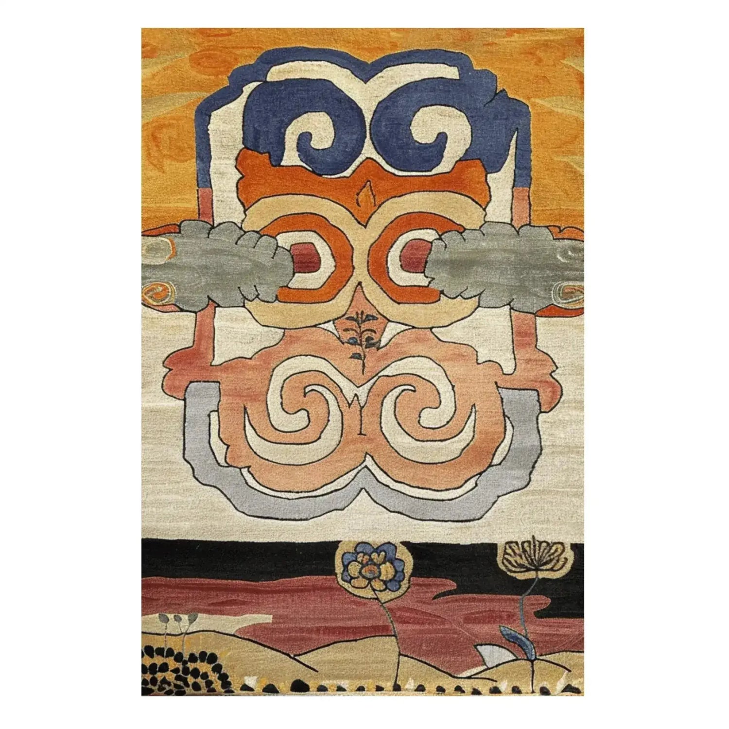 A vibrant and artistic Cloudscape Garden Hand Tufted Area Rug featuring abstract designs in bold colors. This wool rug is perfect for adding a touch of creativity and warmth to dining room spaces, serving as an ideal dining room carpet.