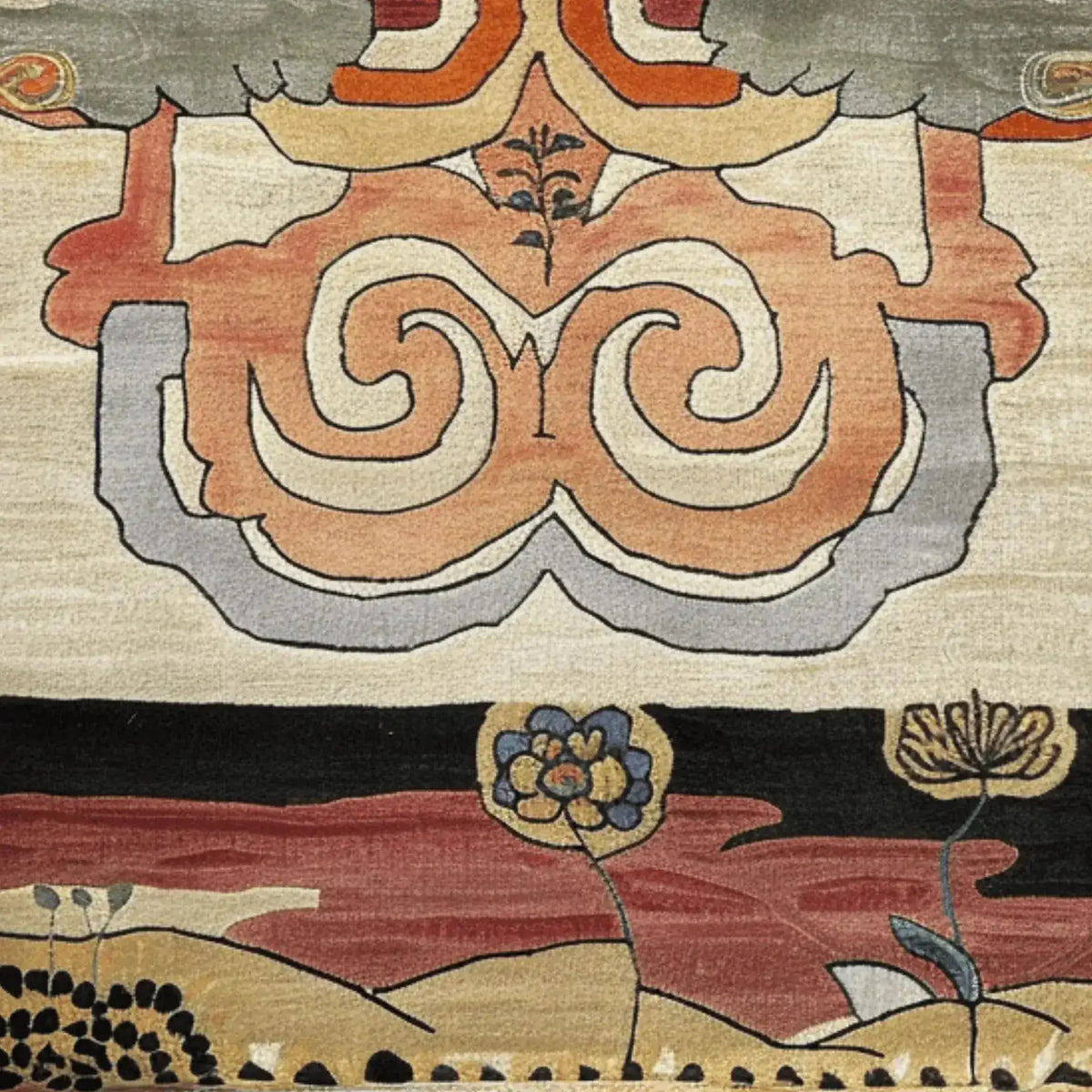 Close-up of the Cloudscape Garden Hand Tufted Rug, an exquisite area rug featuring intricate abstract designs in warm earthy tones. Ideal for dining room settings, this wool rug adds a touch of elegance with its artistic floral patterns and swirling motifs.