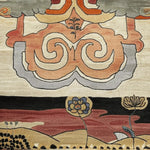 Close-up of the Cloudscape Garden Hand Tufted Rug, an exquisite area rug featuring intricate abstract designs in warm earthy tones. Ideal for dining room settings, this wool rug adds a touch of elegance with its artistic floral patterns and swirling motifs.